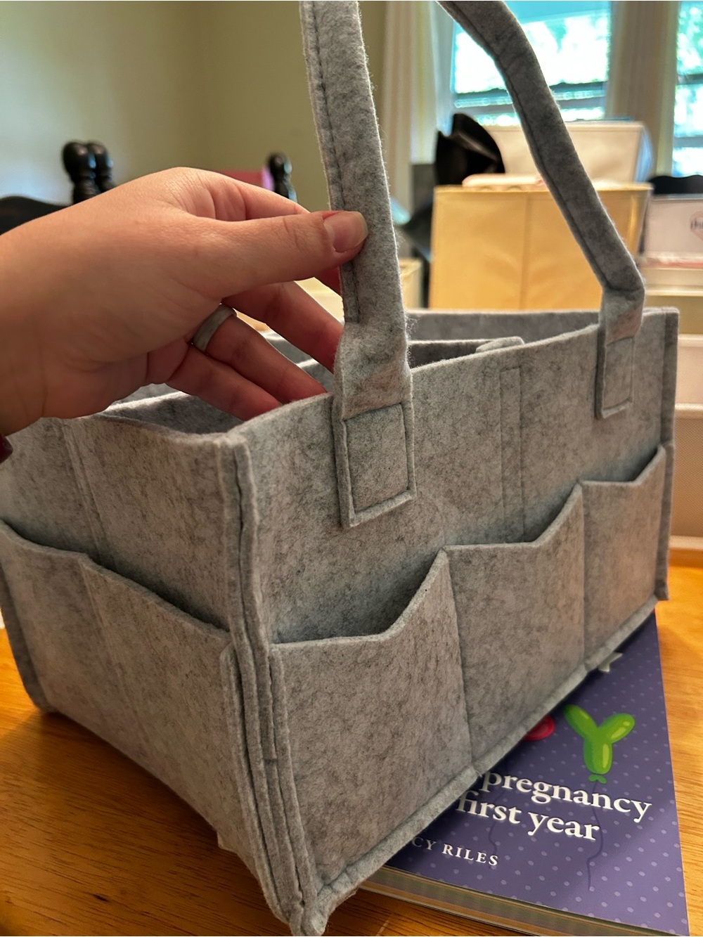 Light Gray Felt Tote Organizer with Exterior Pockets